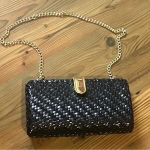 Black weaved evening bag with gold chain